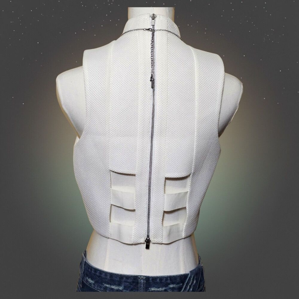 White Structured Mock Neck‎ Crop Top Medium Y2K Zip Back Fitted Minimalist